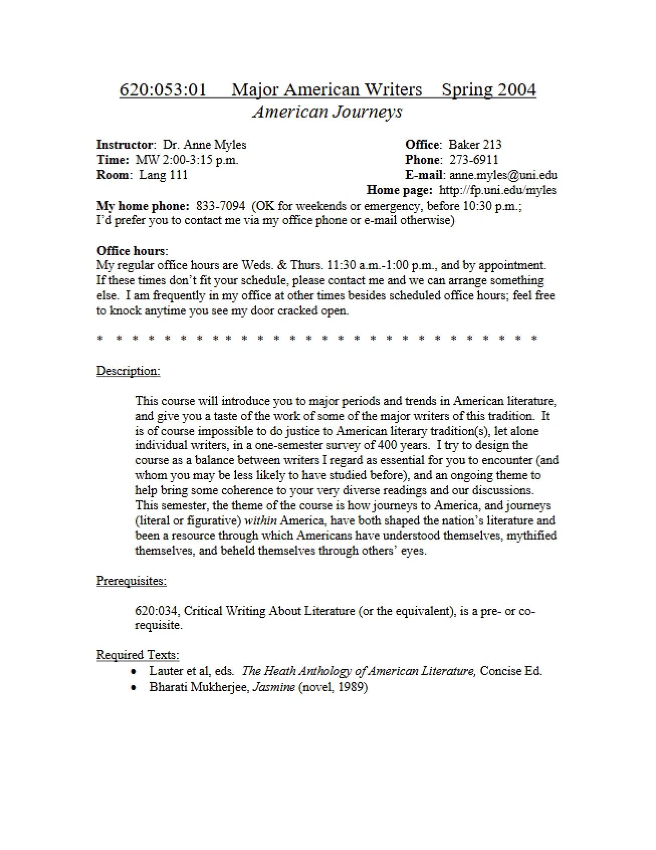 Syllabus for American Literature Survey