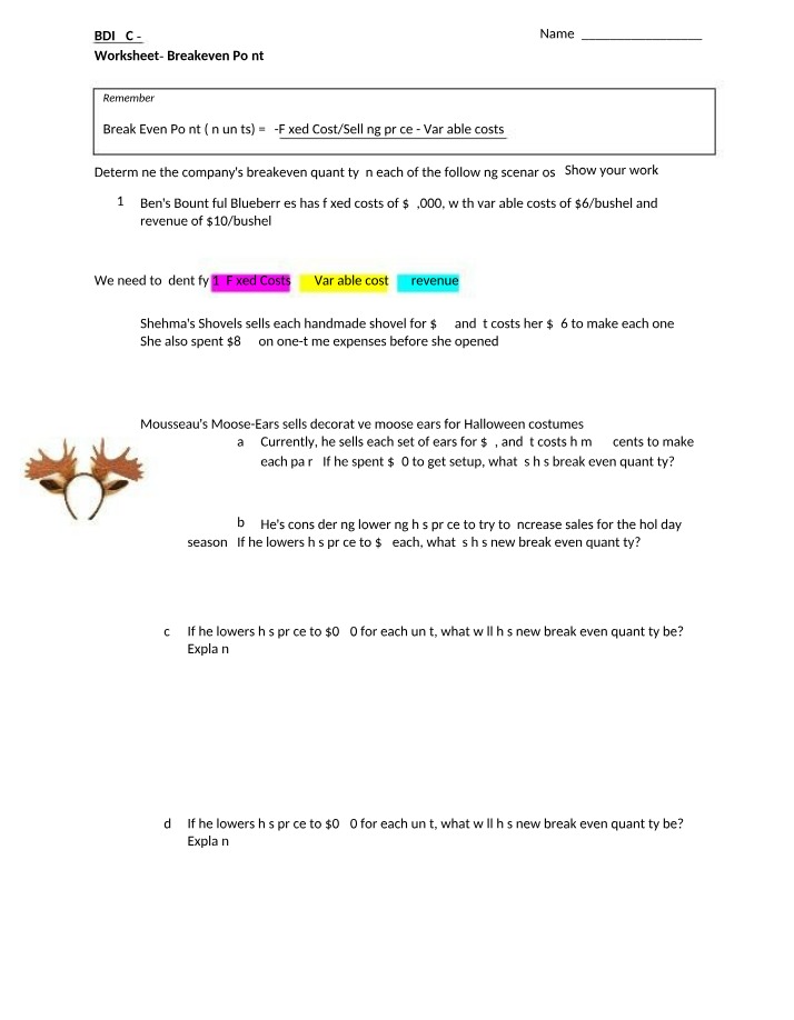 Worksheet for Breakeven Point