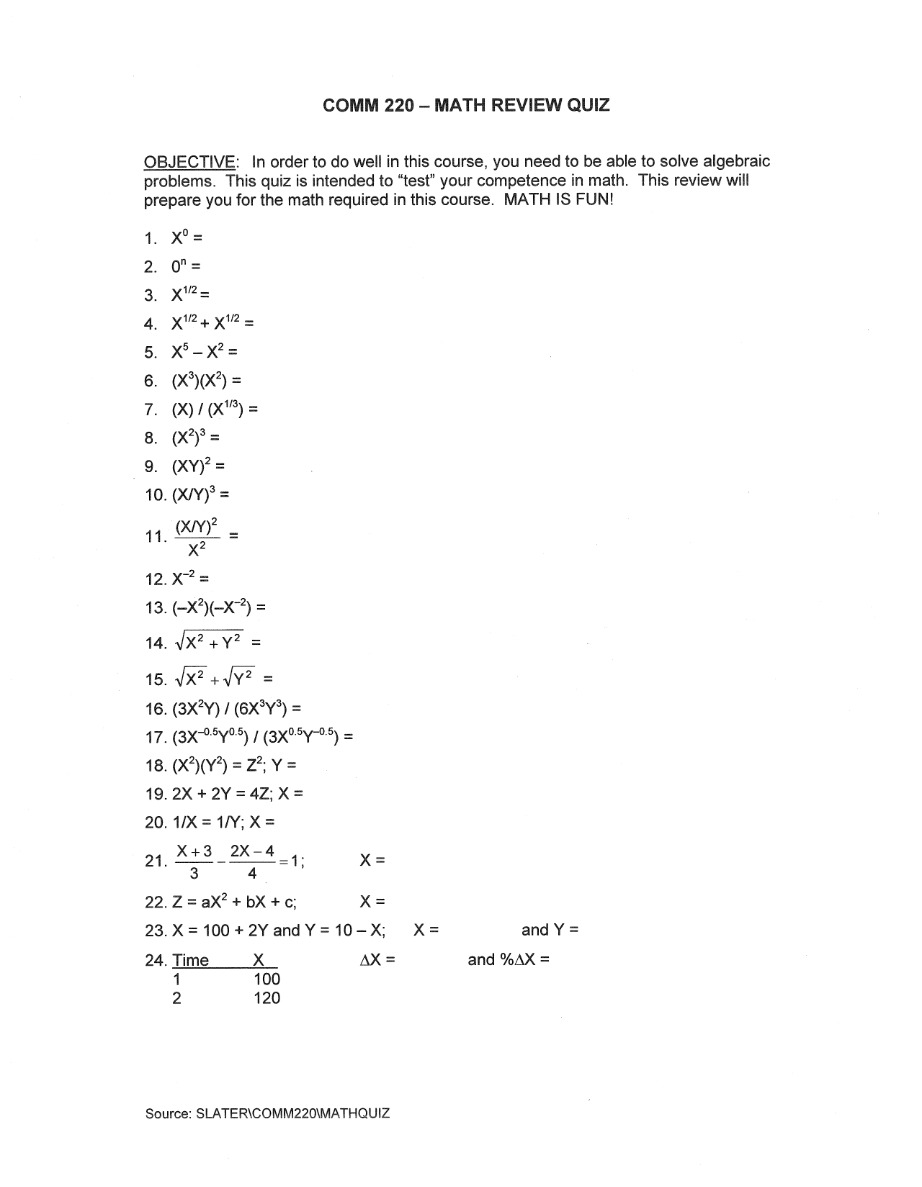 Math Review Quiz - COMM 220
