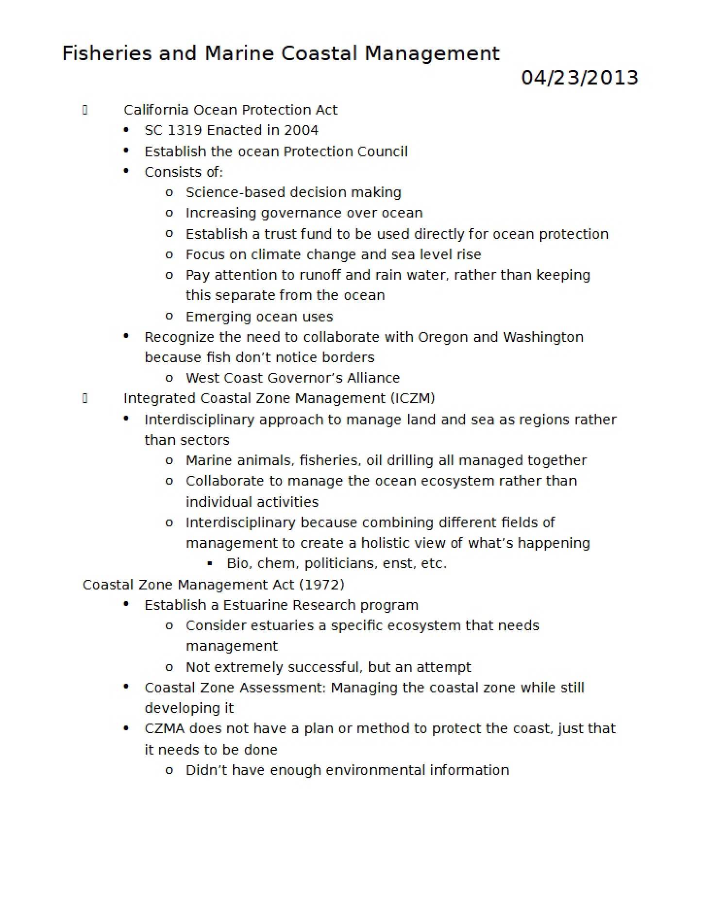 Marine Coastal and Fisheries Management (Lecture 22)