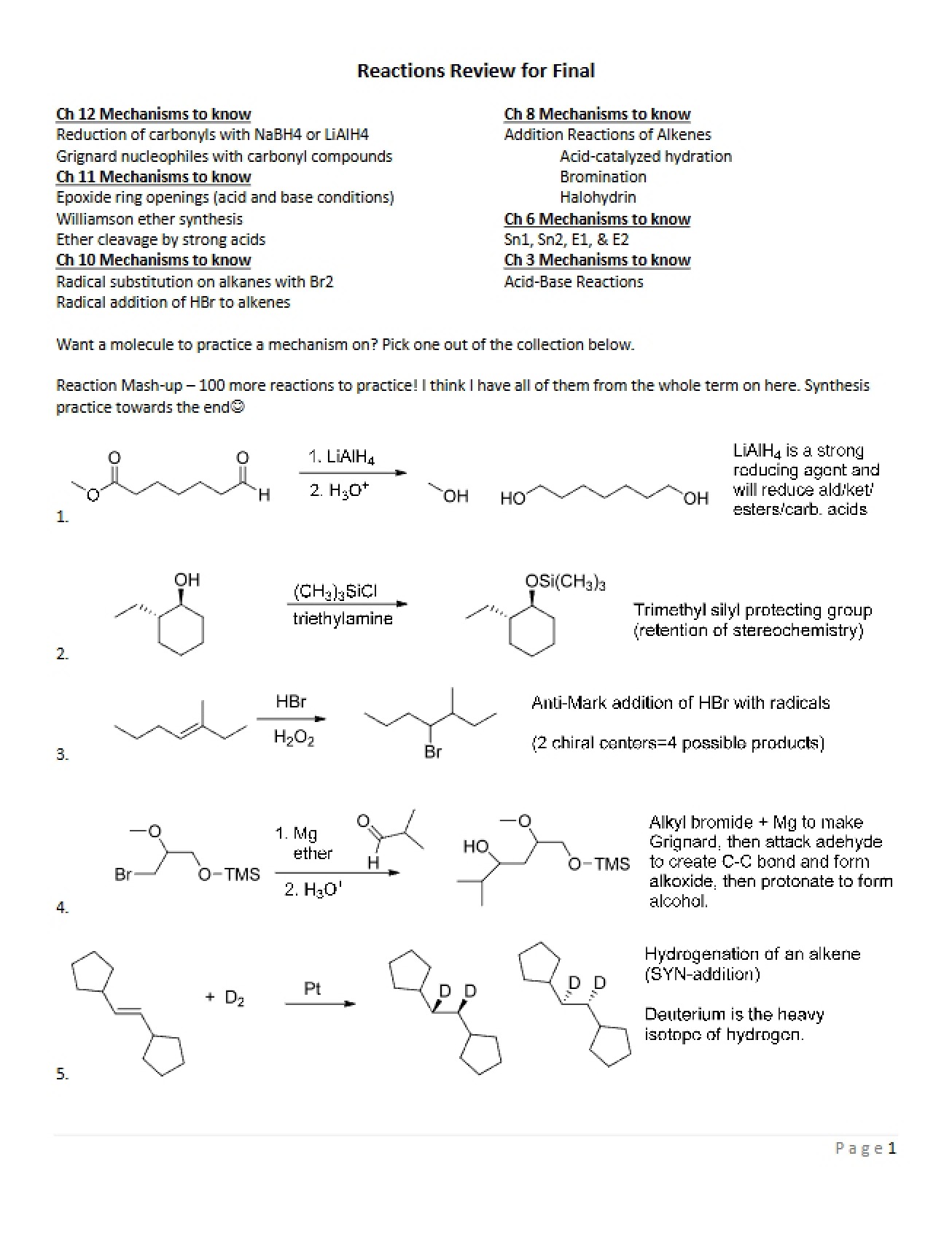 Final Exam Review on Reactions