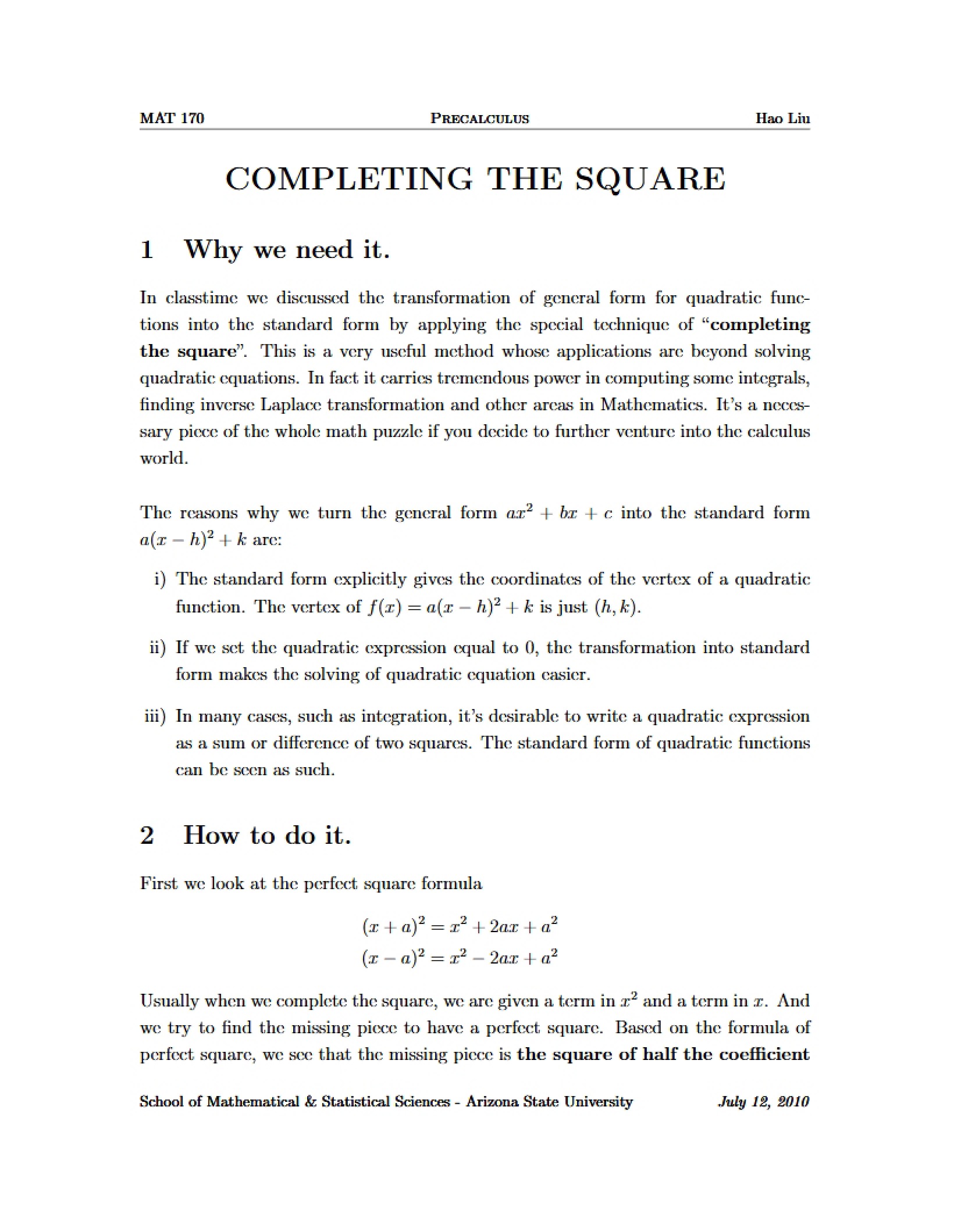 Square Completion