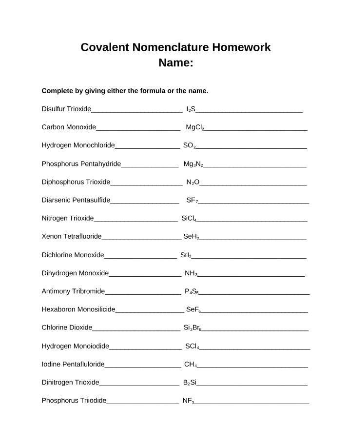 Homework on Covalent Nomenclature