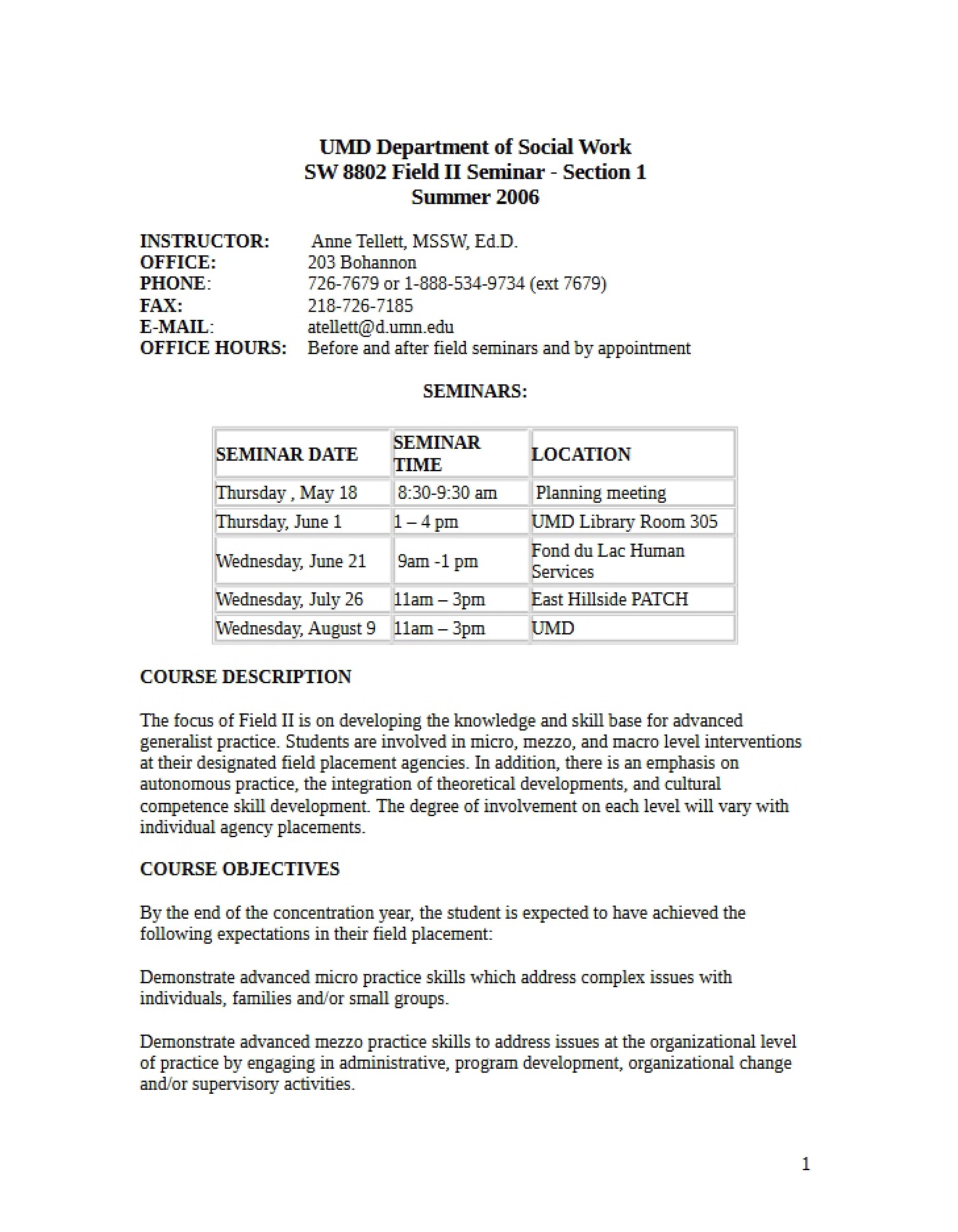 Course Outline Field II Seminar (SW 8802)