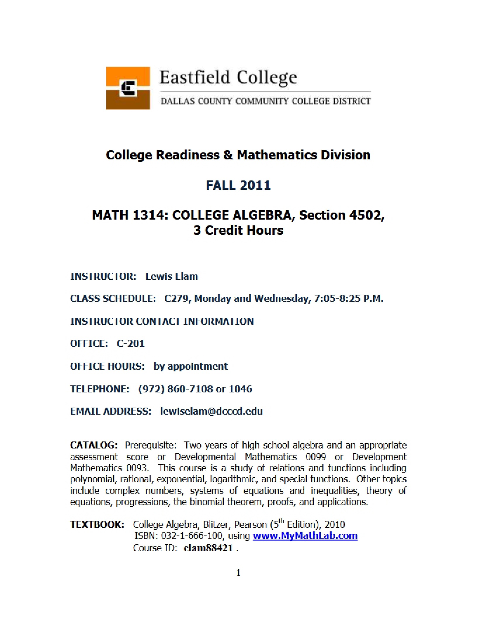 College Algebra Course Syllabus - 10 Pages