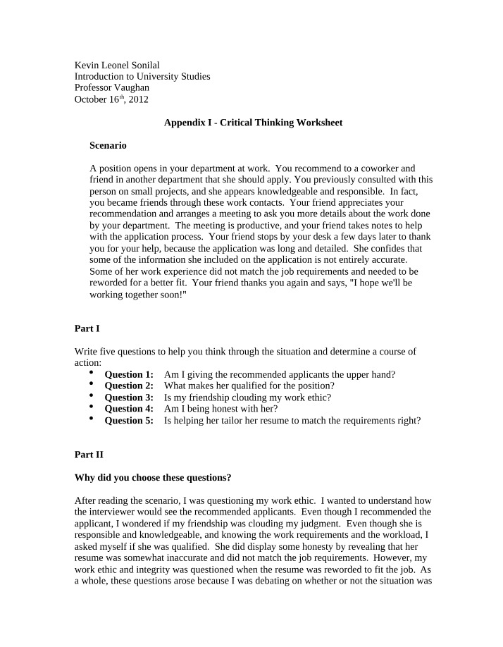 Critical Thinking and Workplace Recommendations Worksheet
