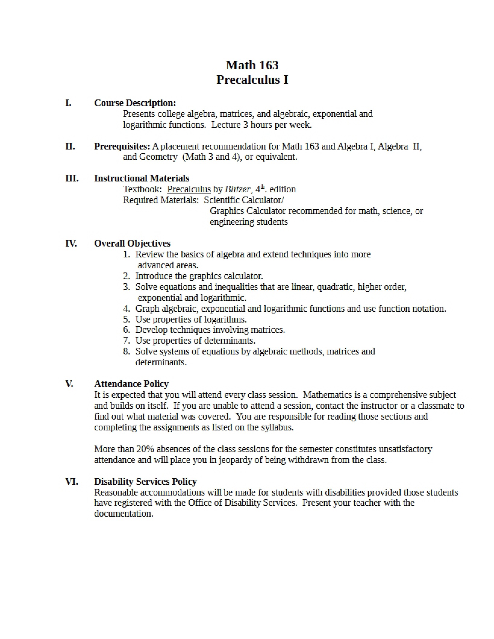 Pre-calculus I Course Outline