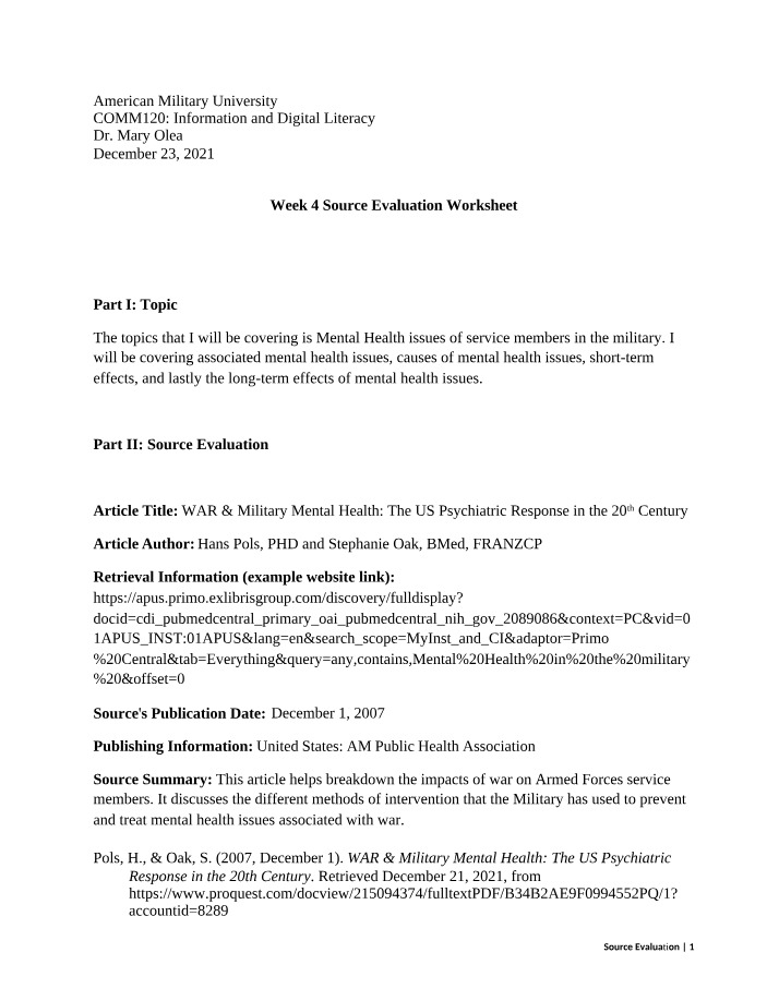 Week 4 Worksheet - Source Evaluation on Military Mental Health