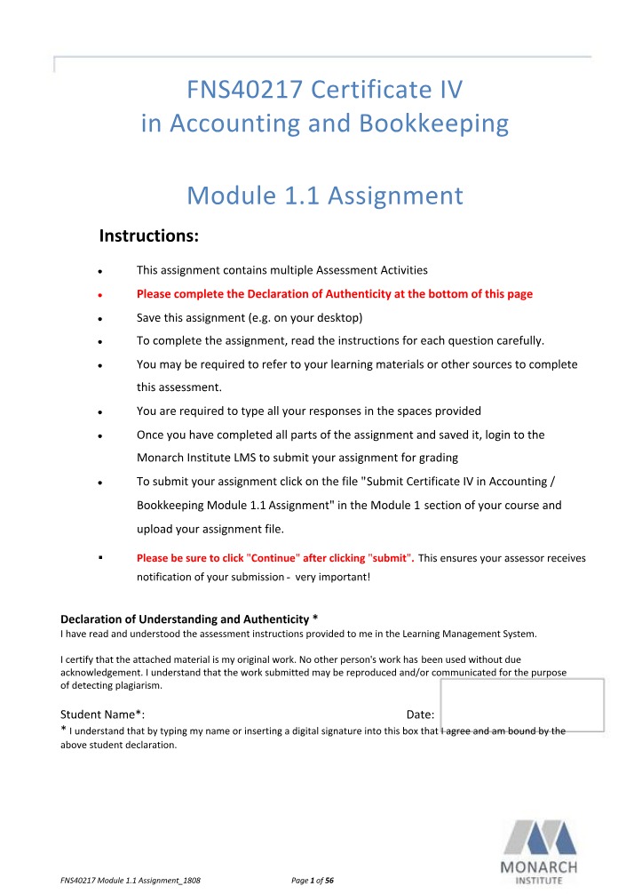 FNS40217 Certificate IV - Module 1.1 Assignment