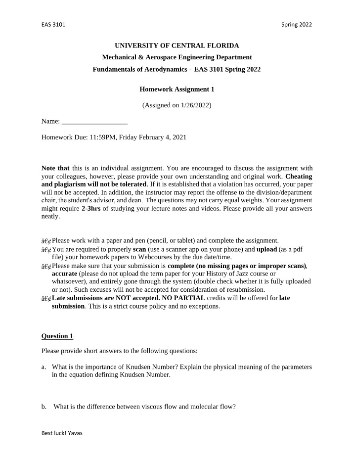 Fundamentals of Aerodynamics Assignment 1 (Spring 2022)