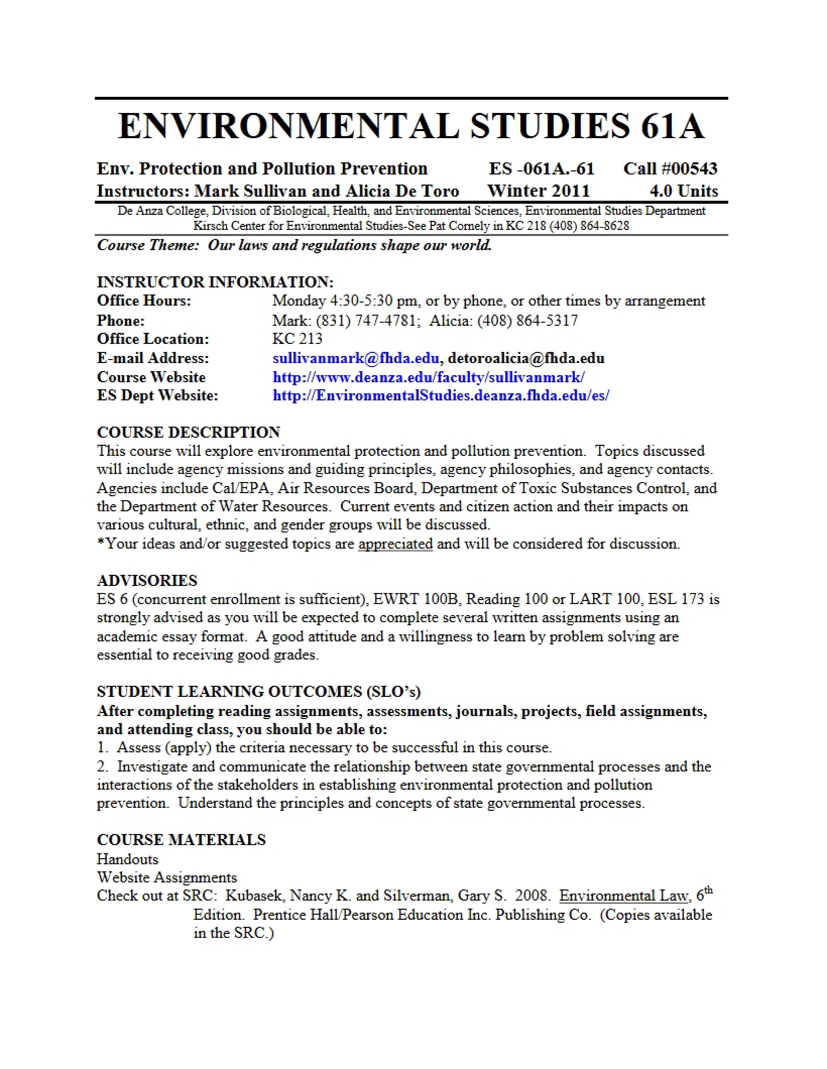 Environmental Studies 61A Syllabus