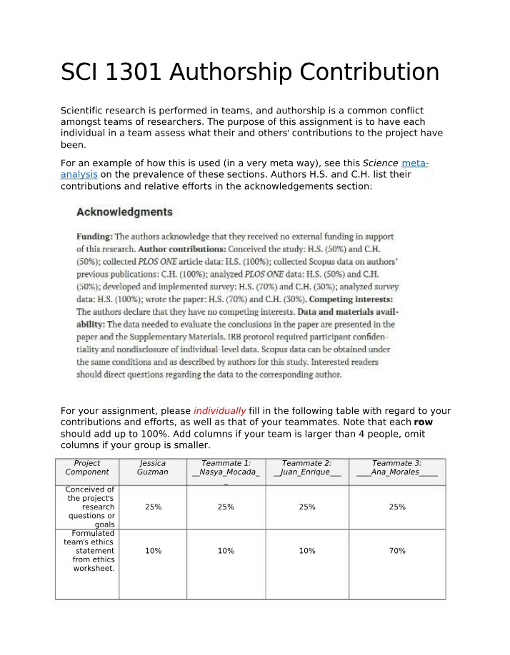 Assessing Contributions to Authorship in Scientific Research Teams