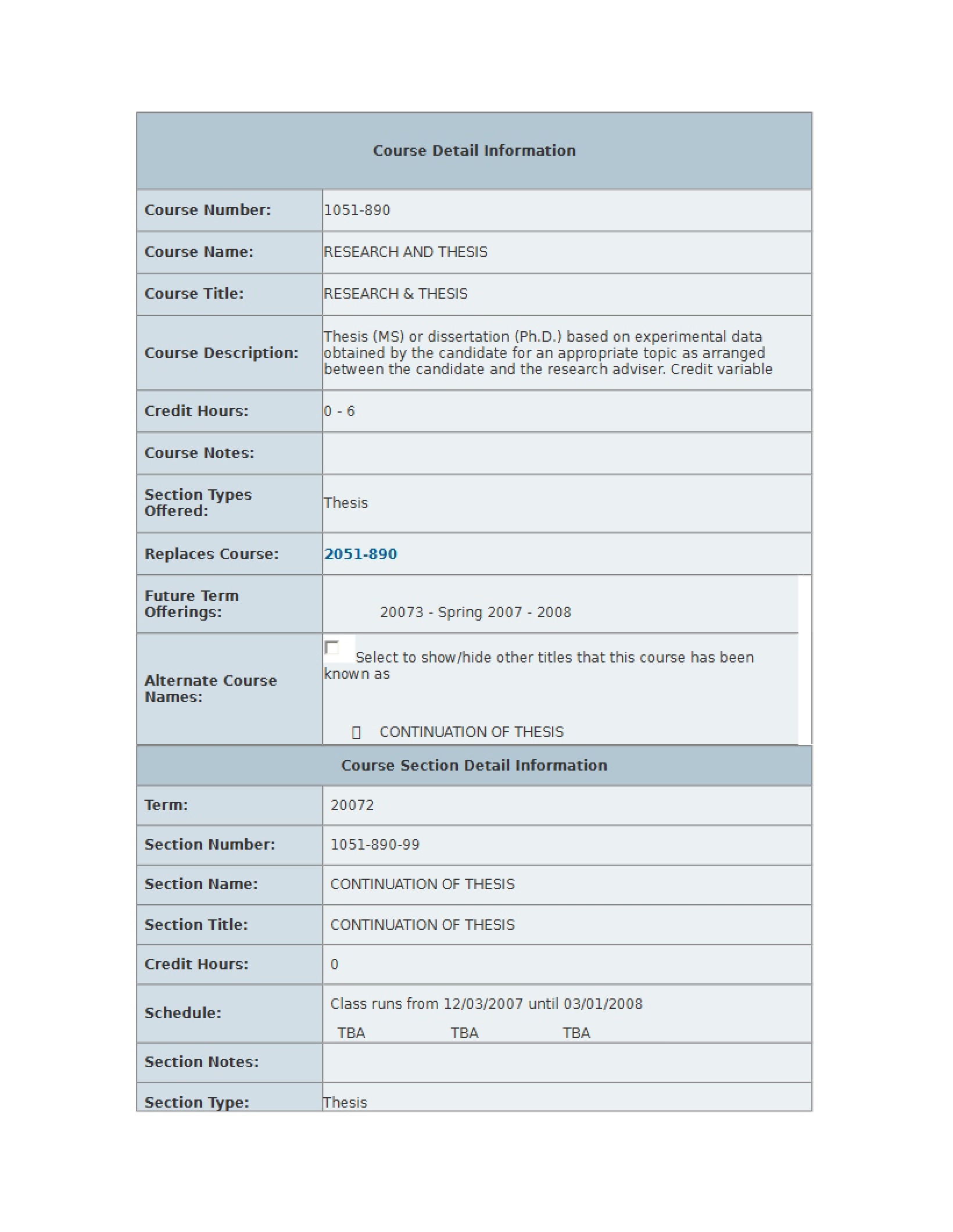 Research and Thesis Course Details