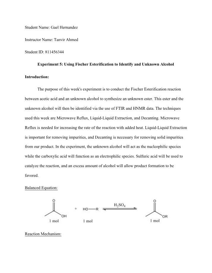 Identifying Unknown Alcohol Using Fischer Esterification