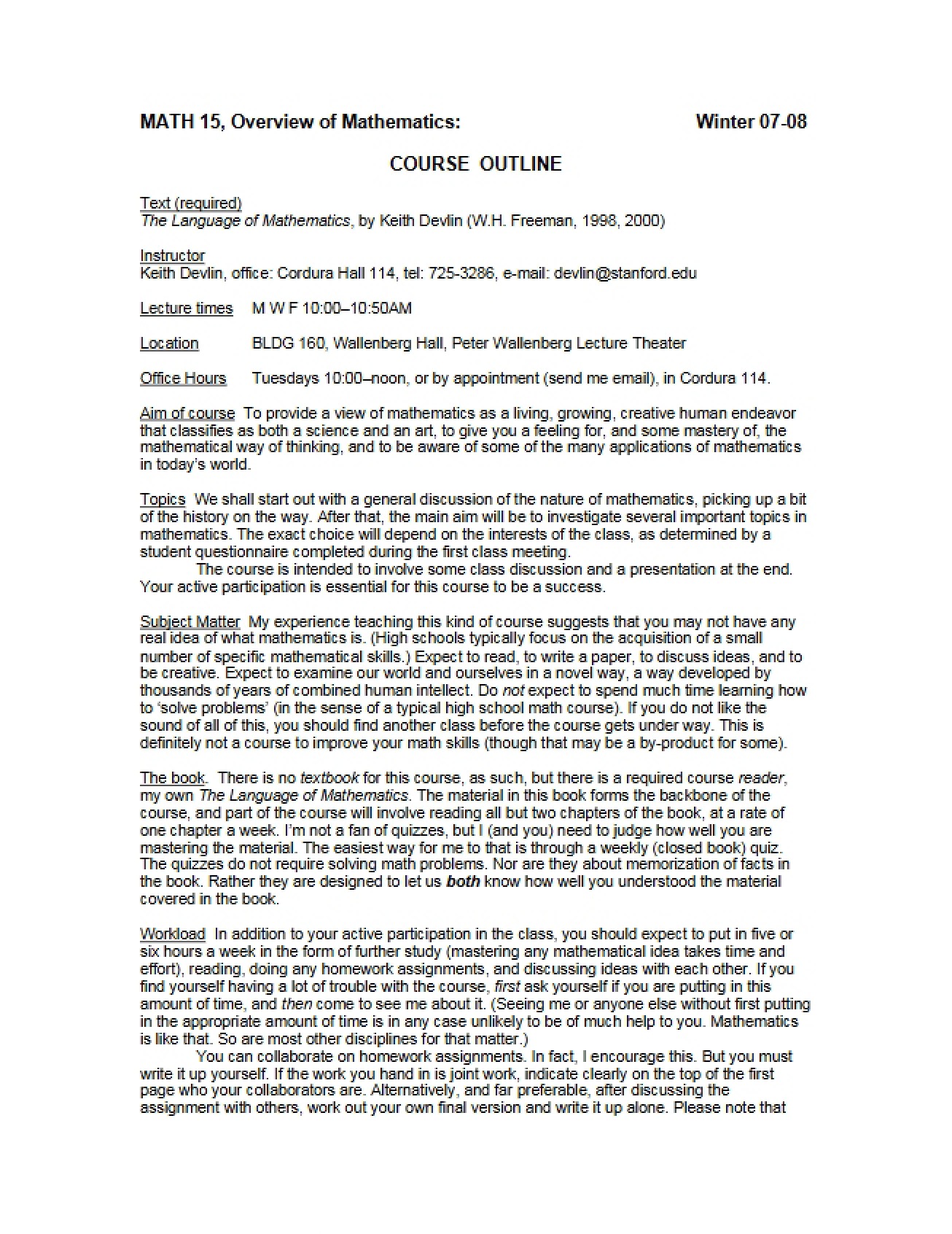 Outline of the Mathematics Overview Course