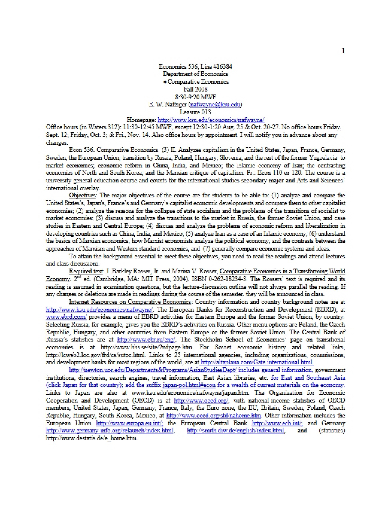 General Syllabus for a Comparative Economics Course
