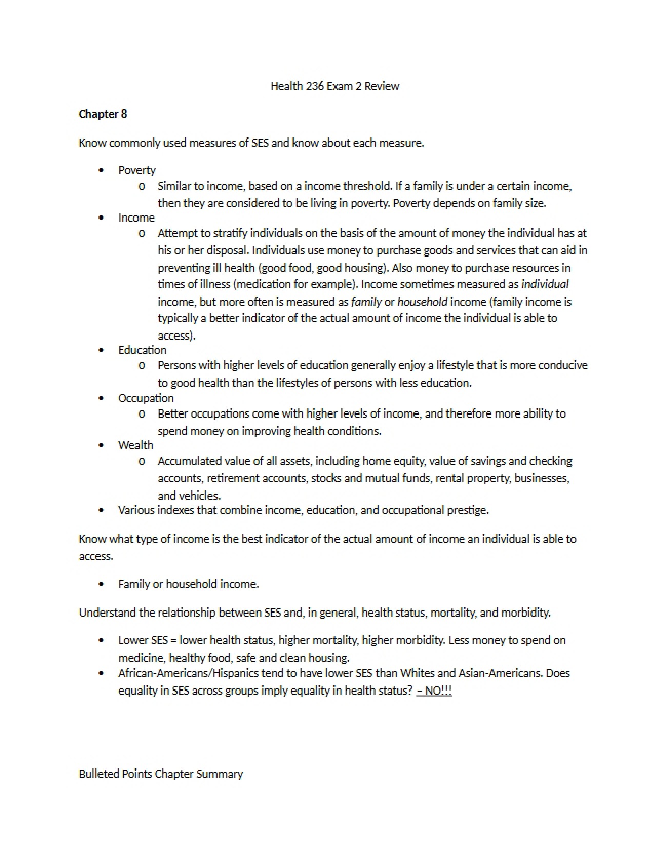 Review for the Second Exam on Race, Ethnicity, and Health