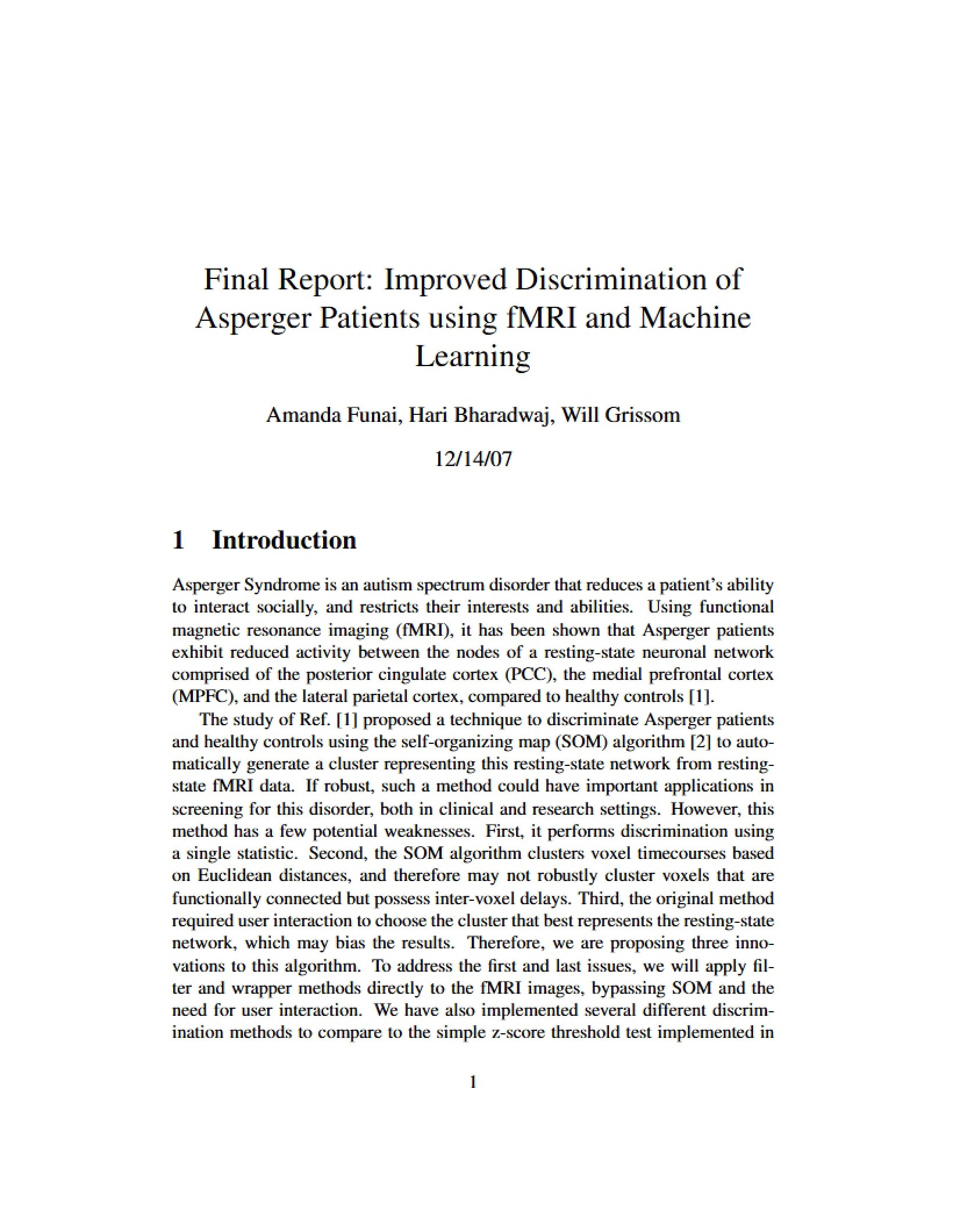 fMRI and Machine Learning for Asperger Patient Discrimination