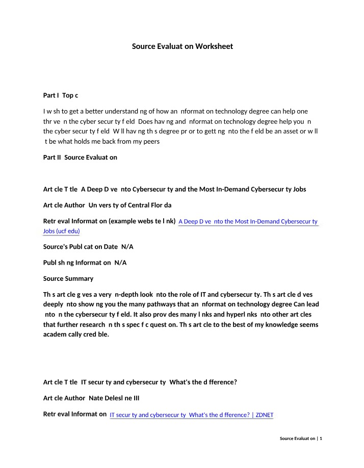 Worksheet for Source Evaluation