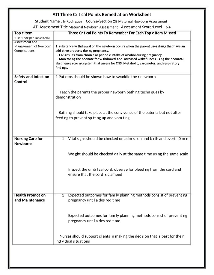 Maternal Newborn Assessment - Key Points