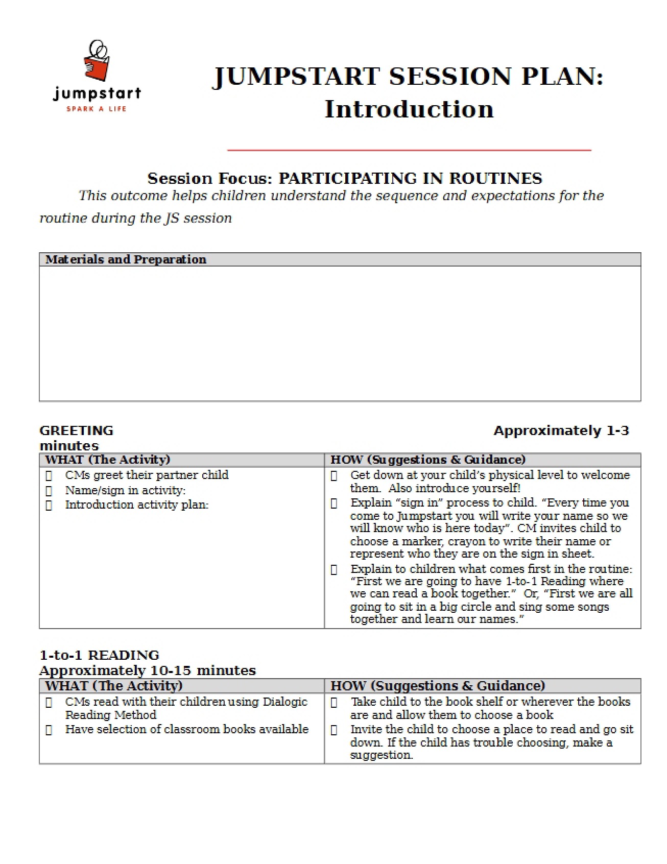 Introductory Week Session Plan