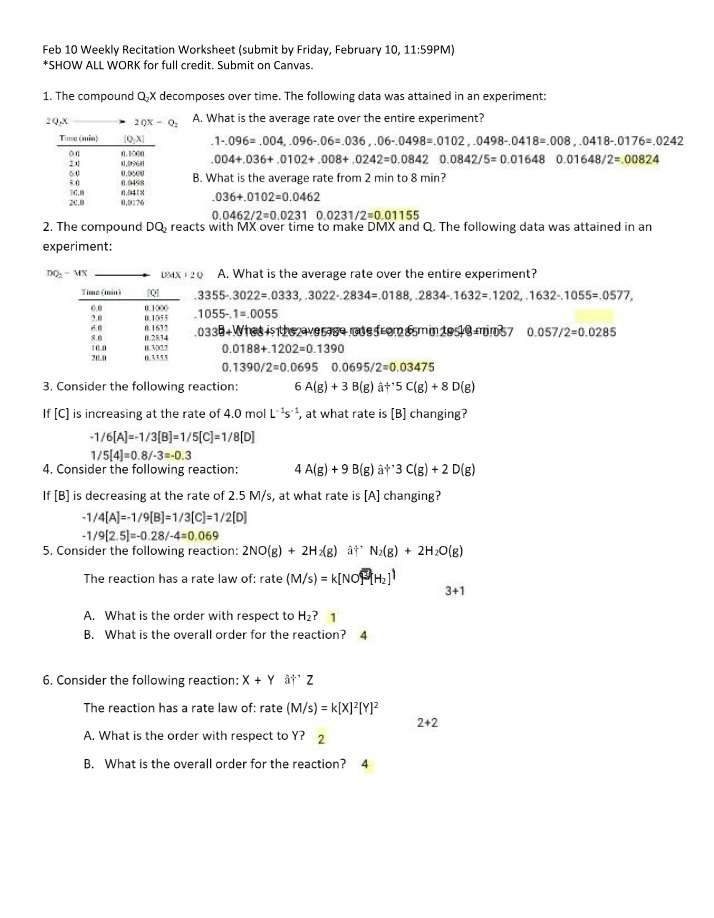 Calculating Reaction Rates - Average and Instantaneous Worksheet
