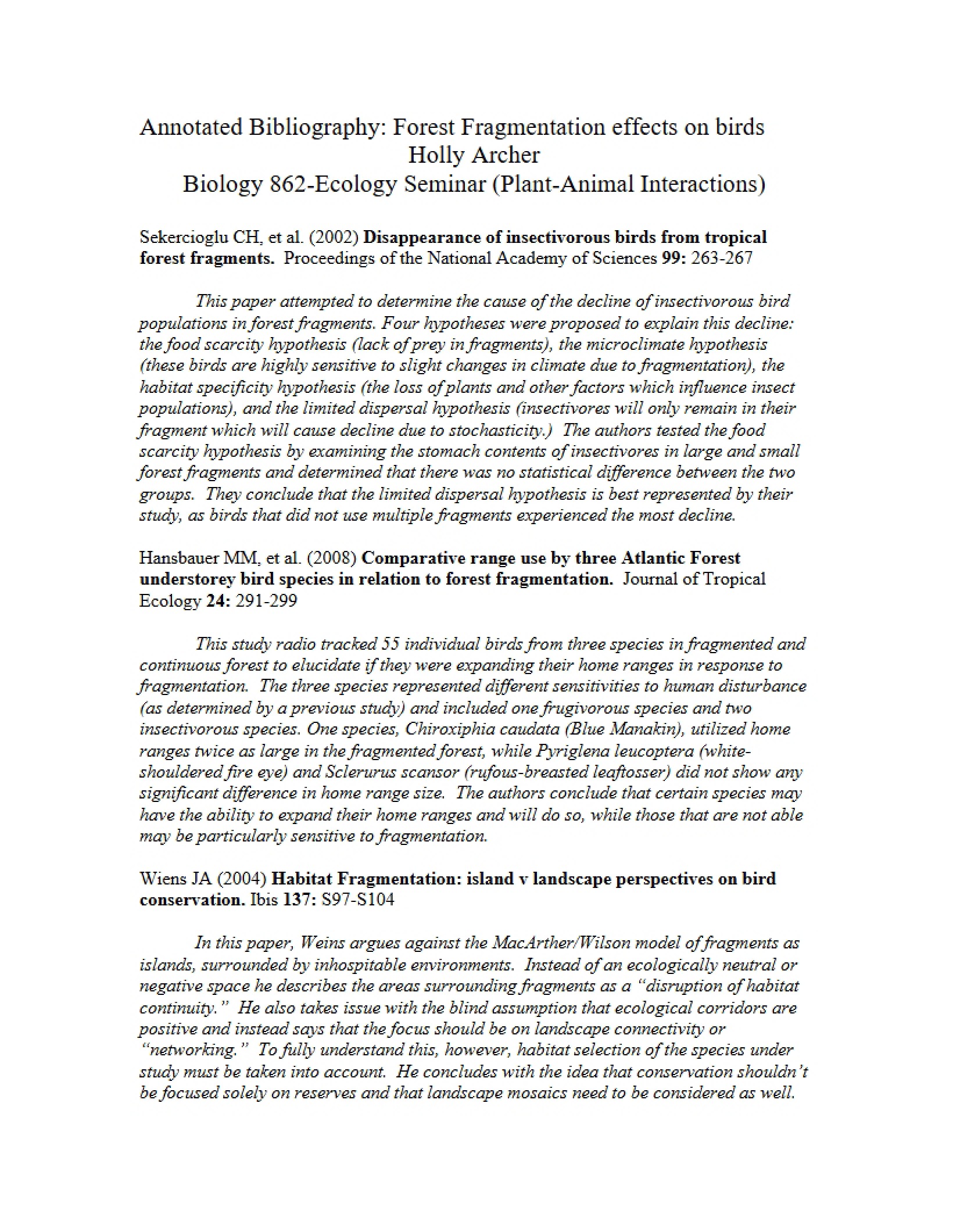 Bird Impacts from Forest Fragmentation