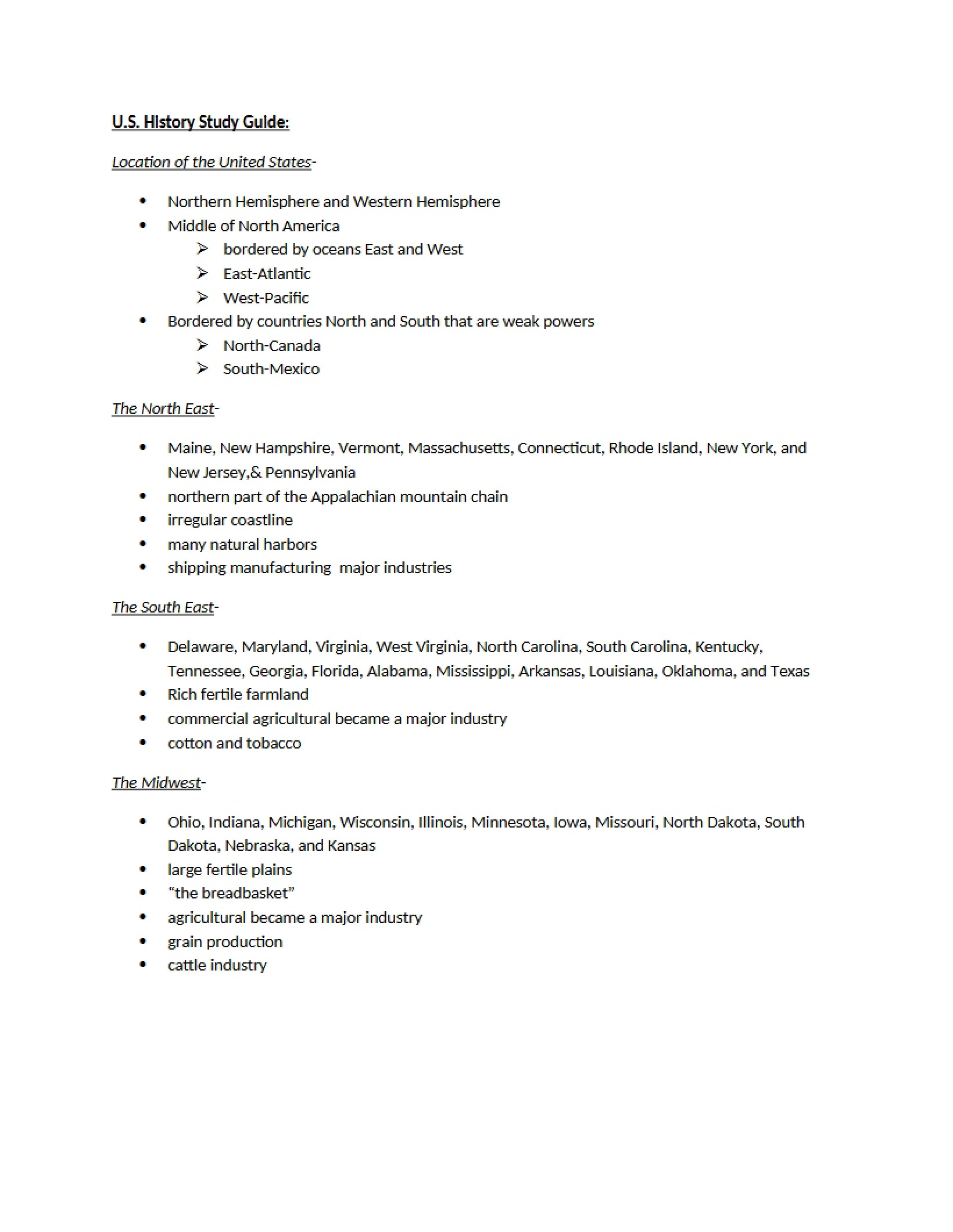 Study Guide for U.S. History