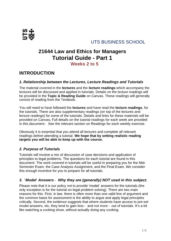 Law and Ethics for Managers - Tutorial Notes