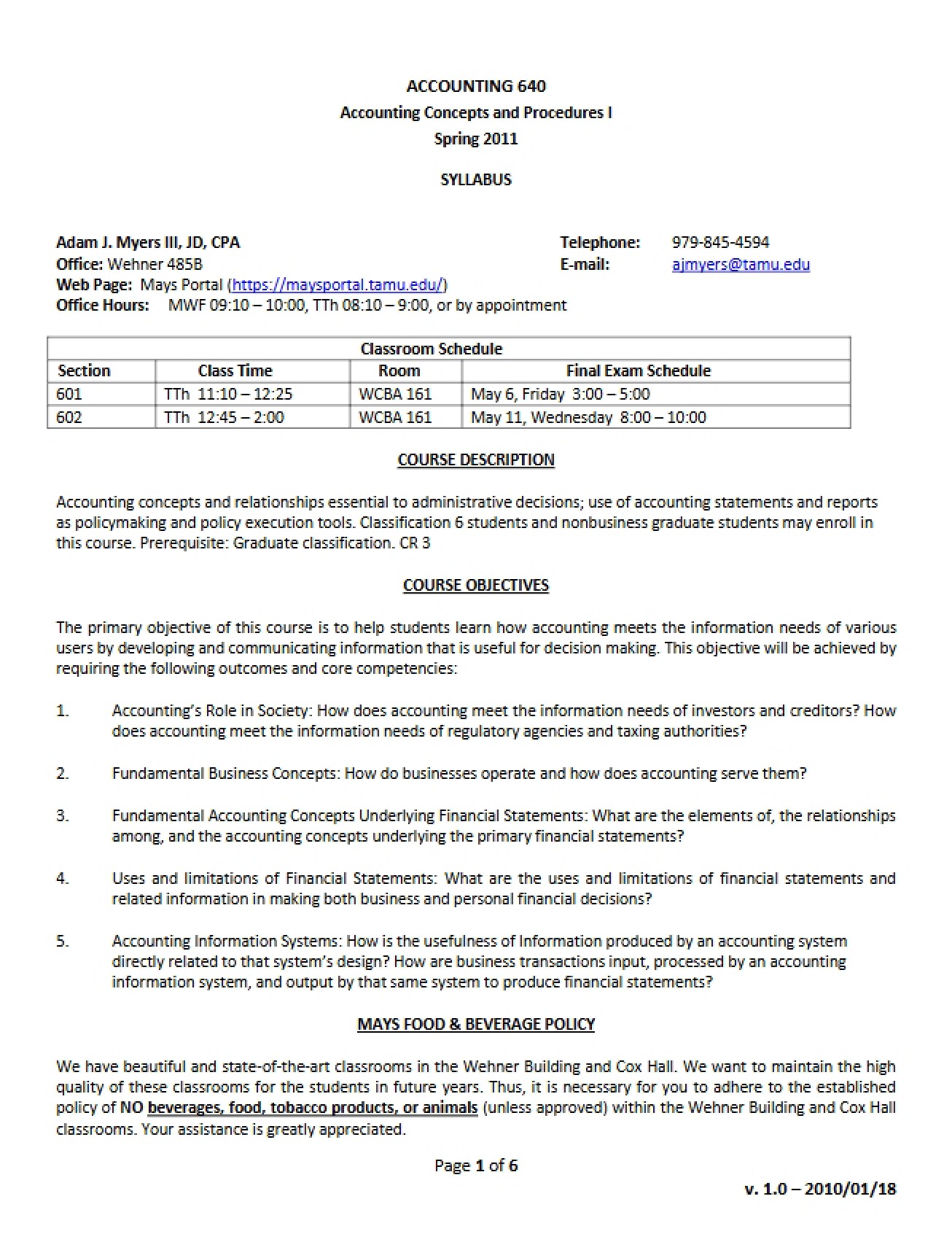 Syllabus for Accounting 640 from Spring 2011