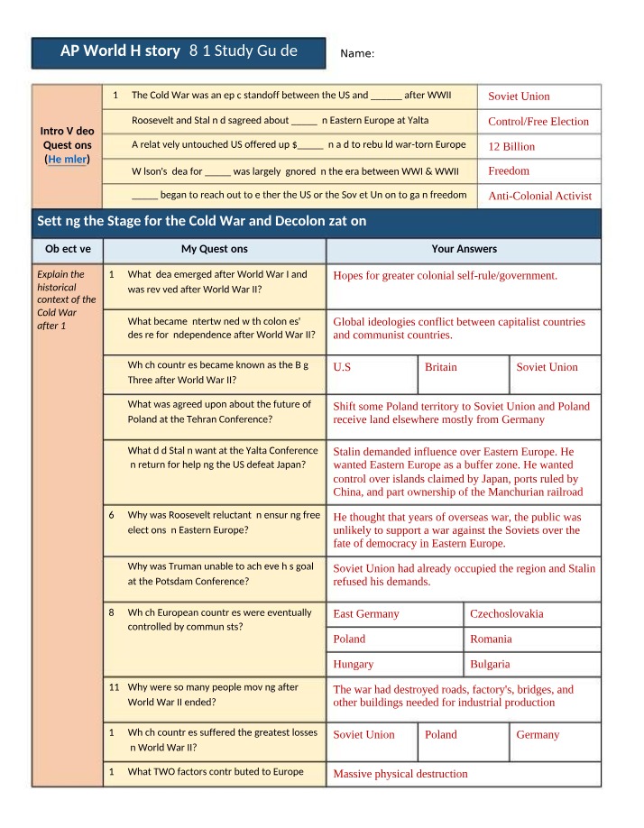 Study Guide - Cold War and Decolonization (Key)