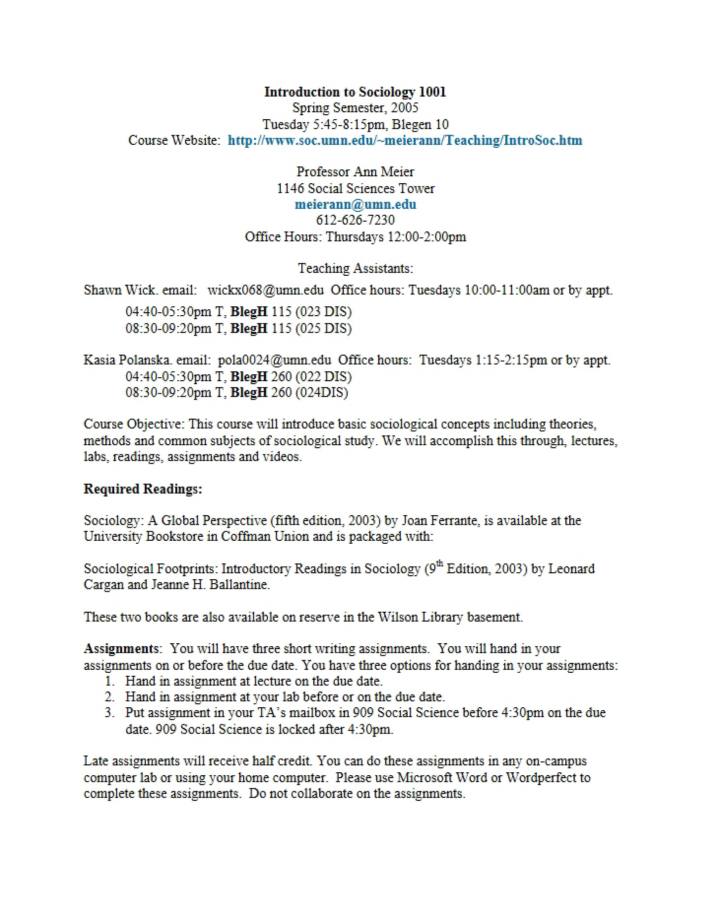 Course Outline for Sociology 1001