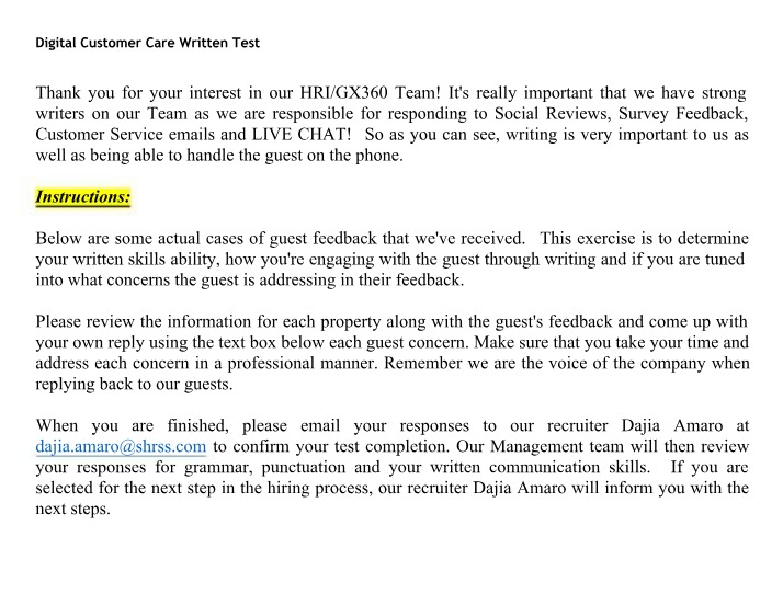 Written Test on Digital Customer Care