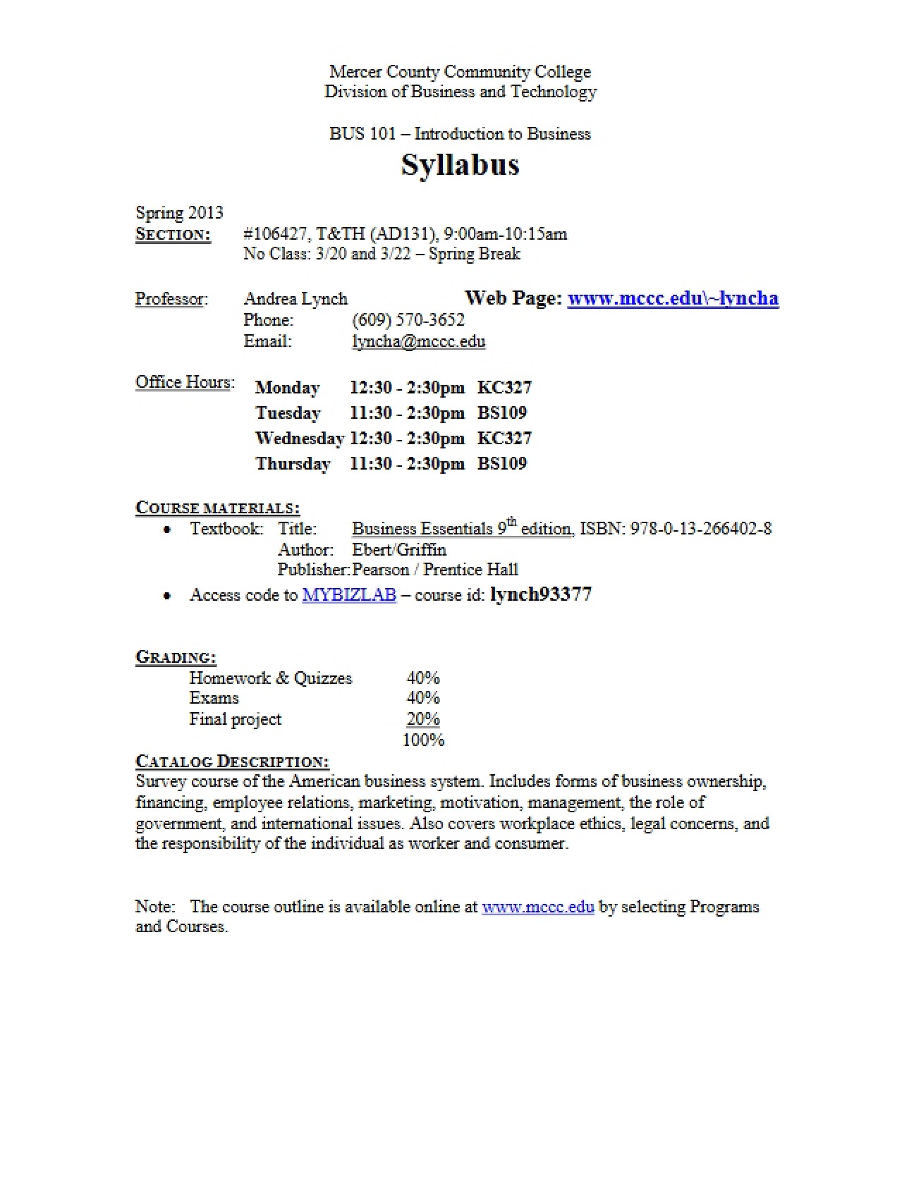 Course Syllabus Introduction to Business