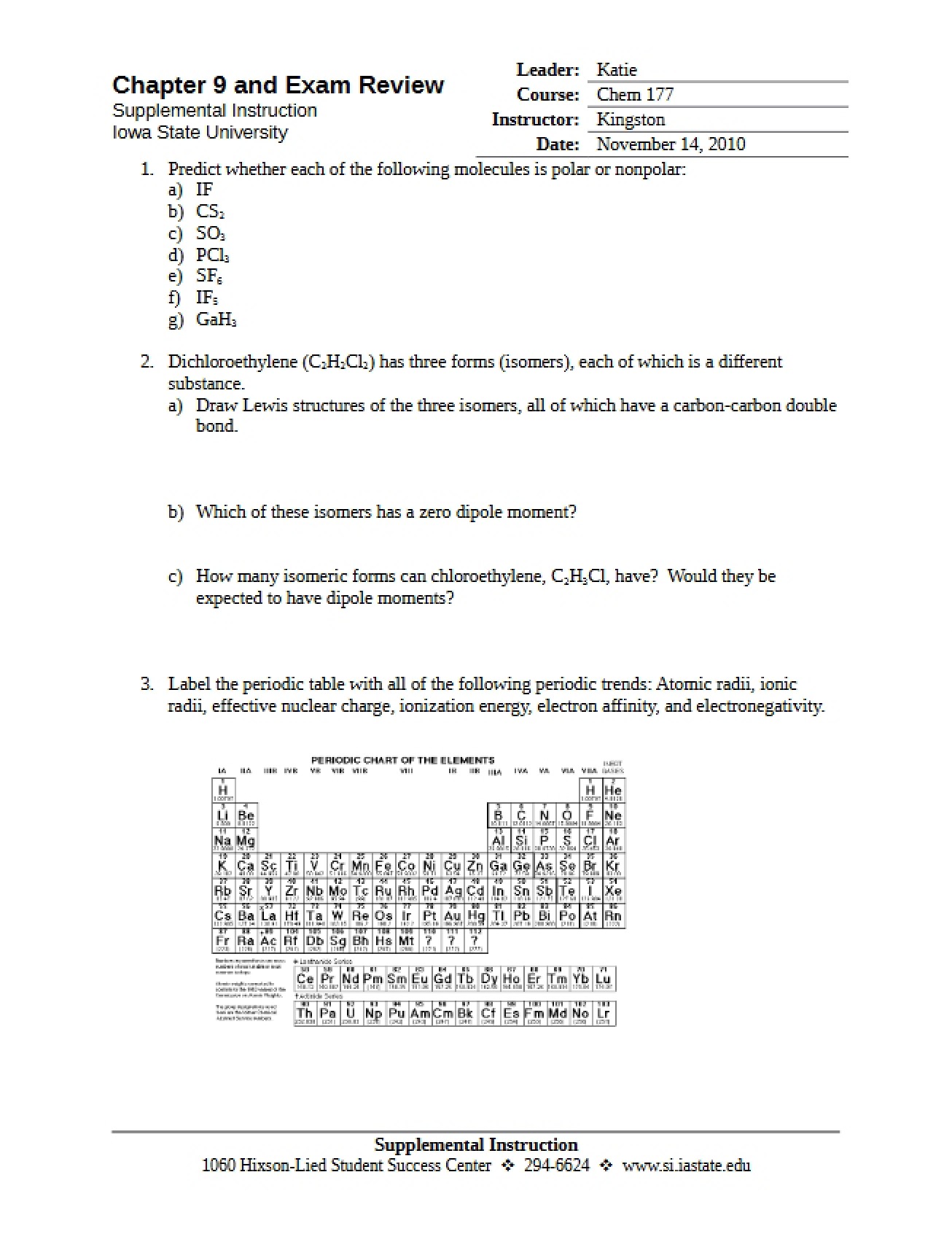 General Review Sheet for a Chemistry I Course