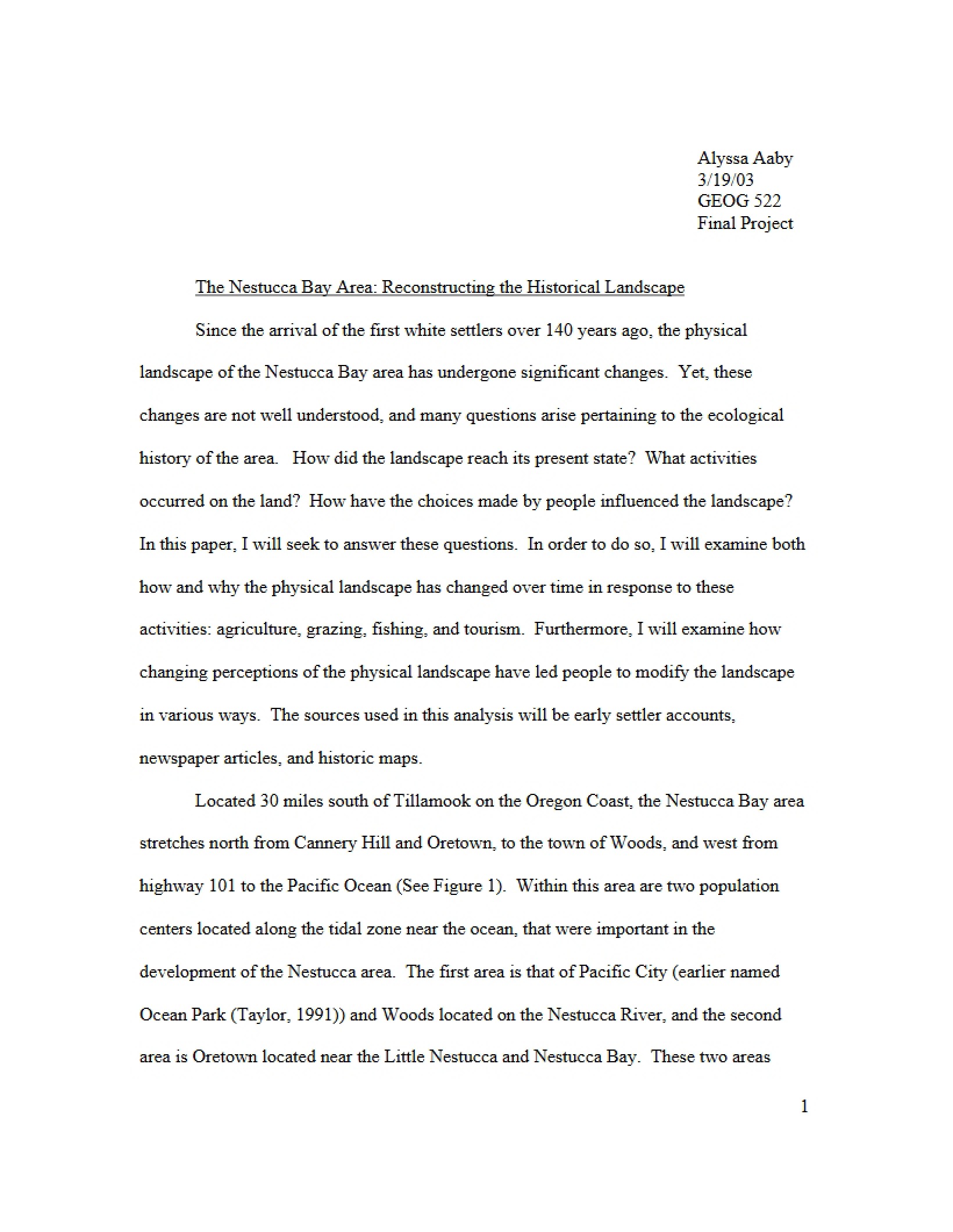 Historical Landscape Reconstruction Nestucca Bay Area