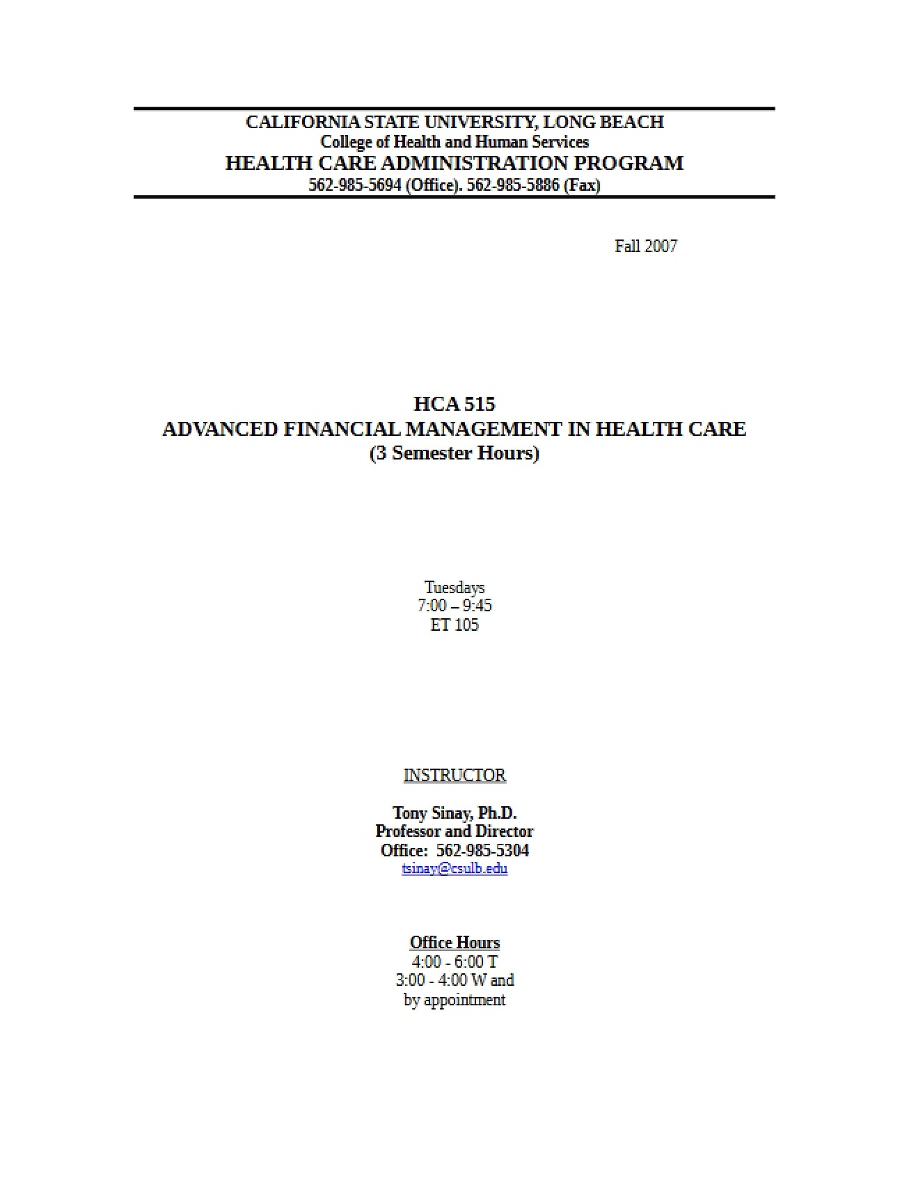 Adv. Financial Mgmt in Health Care Course Plan