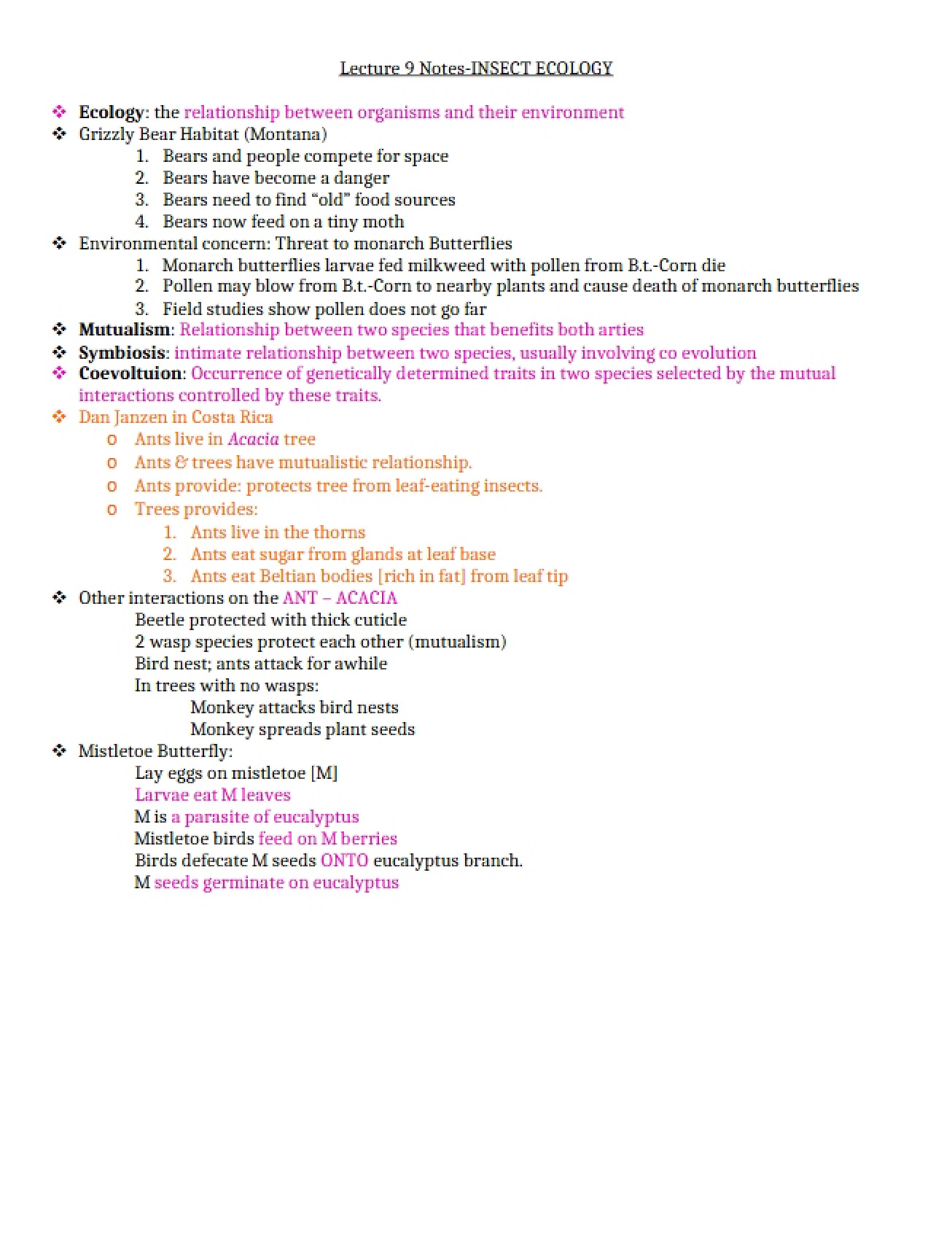 Lecture 9 Notes on Insect Ecology