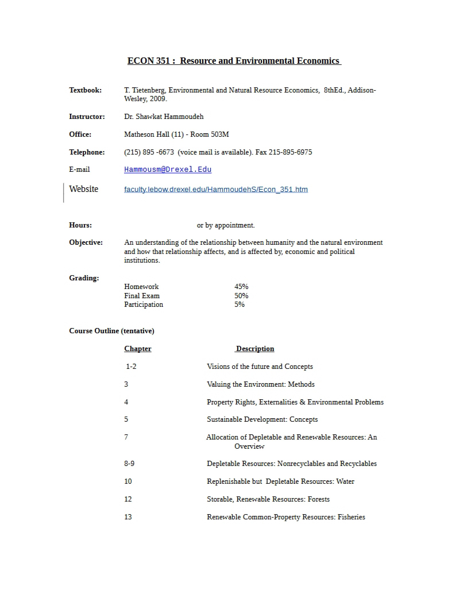 Environmental Economics Course Syllabus