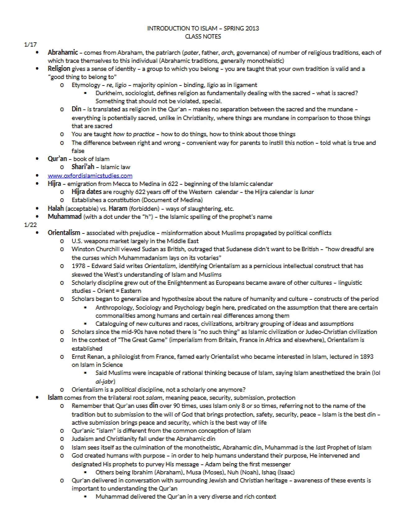 Introduction to Islam Class Notes