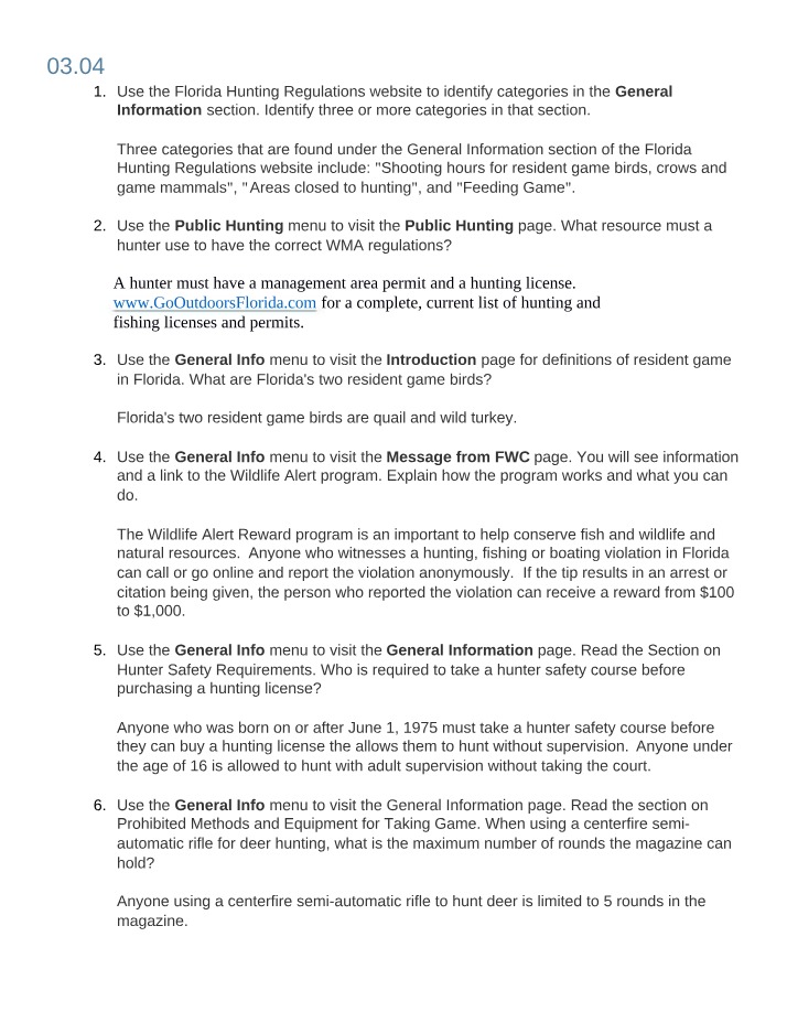 WMA Regulations and Florida Hunting Regulations Categories