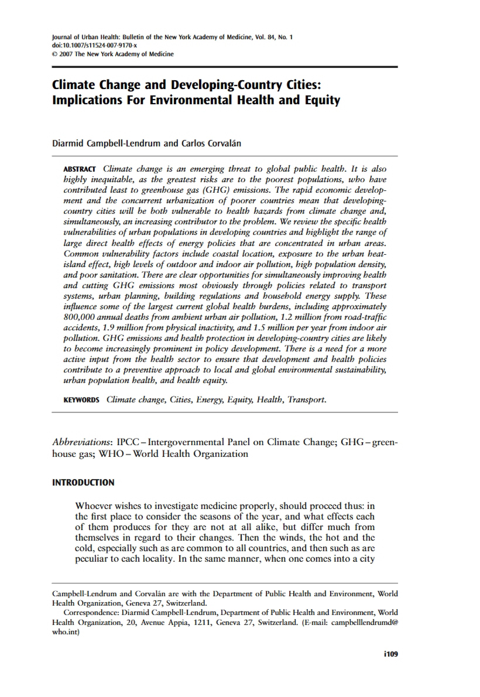 Cities in Developing Countries and Climate Change