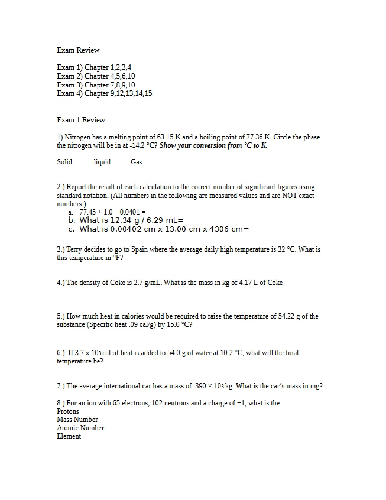 General Review for a College Chemistry Exam