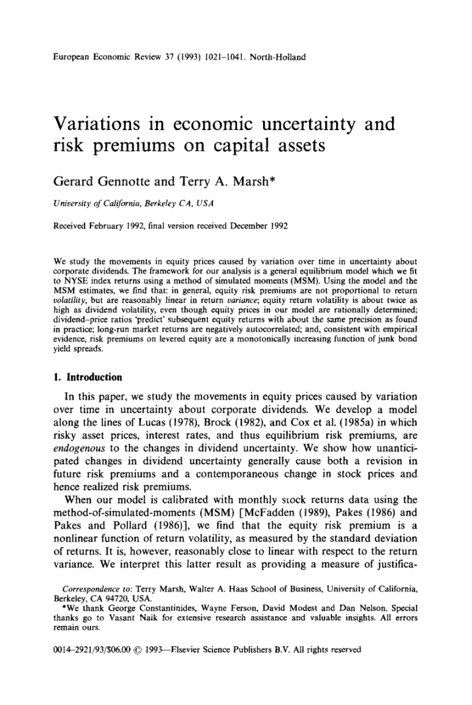 Economic Uncertainty Variations (Gennotte & Marsh 1993)