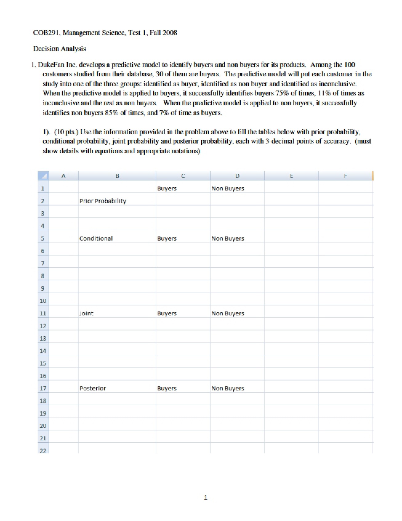 First Test from Fall 2008 in Management Science