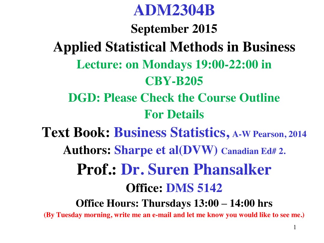 ADM2304B Lecture Notes - Applied Statistical Methods in Business