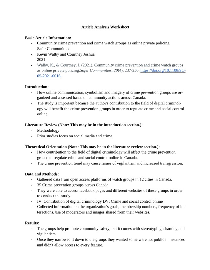 Worksheet for Article Analysis