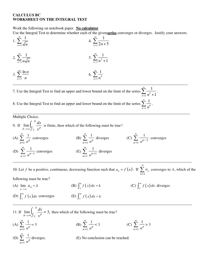 Worksheet on the Integral Test and Differential Equations