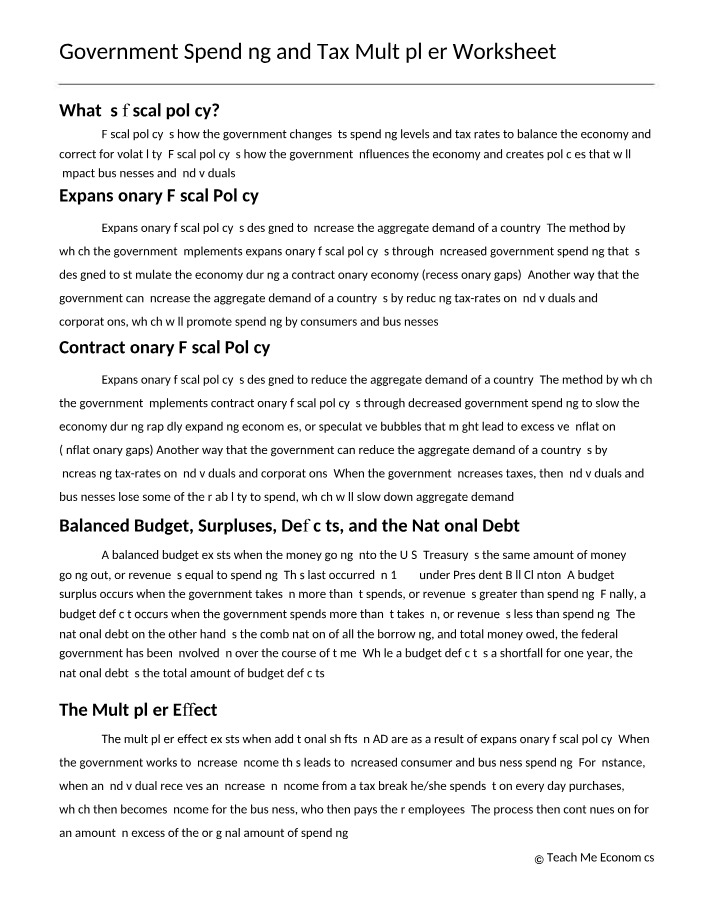 Worksheet on Government Spending and Tax Multipliers