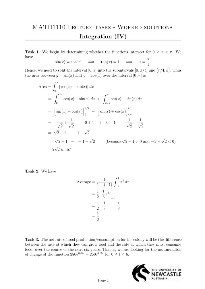 Worked Solutions for Integration Lecture Tasks